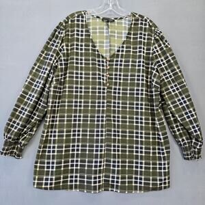 New Glory Green Olive Plaid Shirt V-Neck Blouse Long Sleeves Womens Plus Size 1X